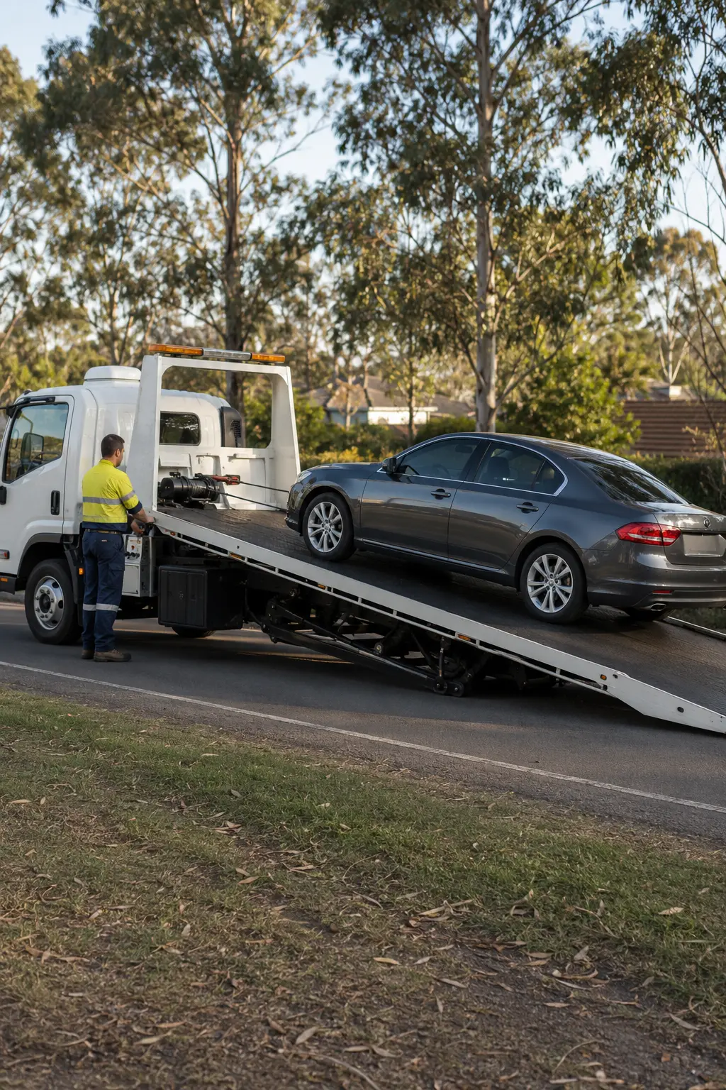 Tow truck operator loading a grey sedan onto a tilt-tray on an Australian suburban road