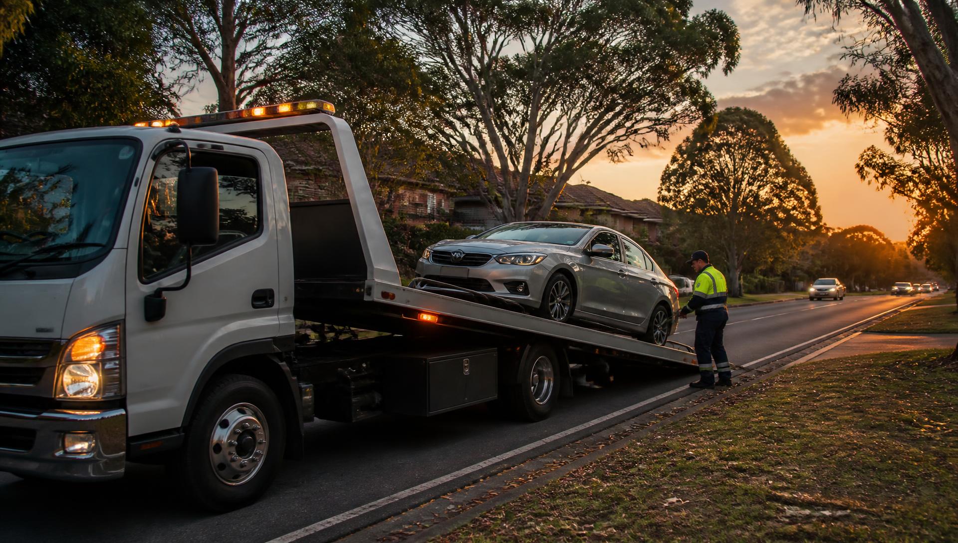 Tilt-tray tow truck loading a silver sedan on a suburban Sydney road at dusk