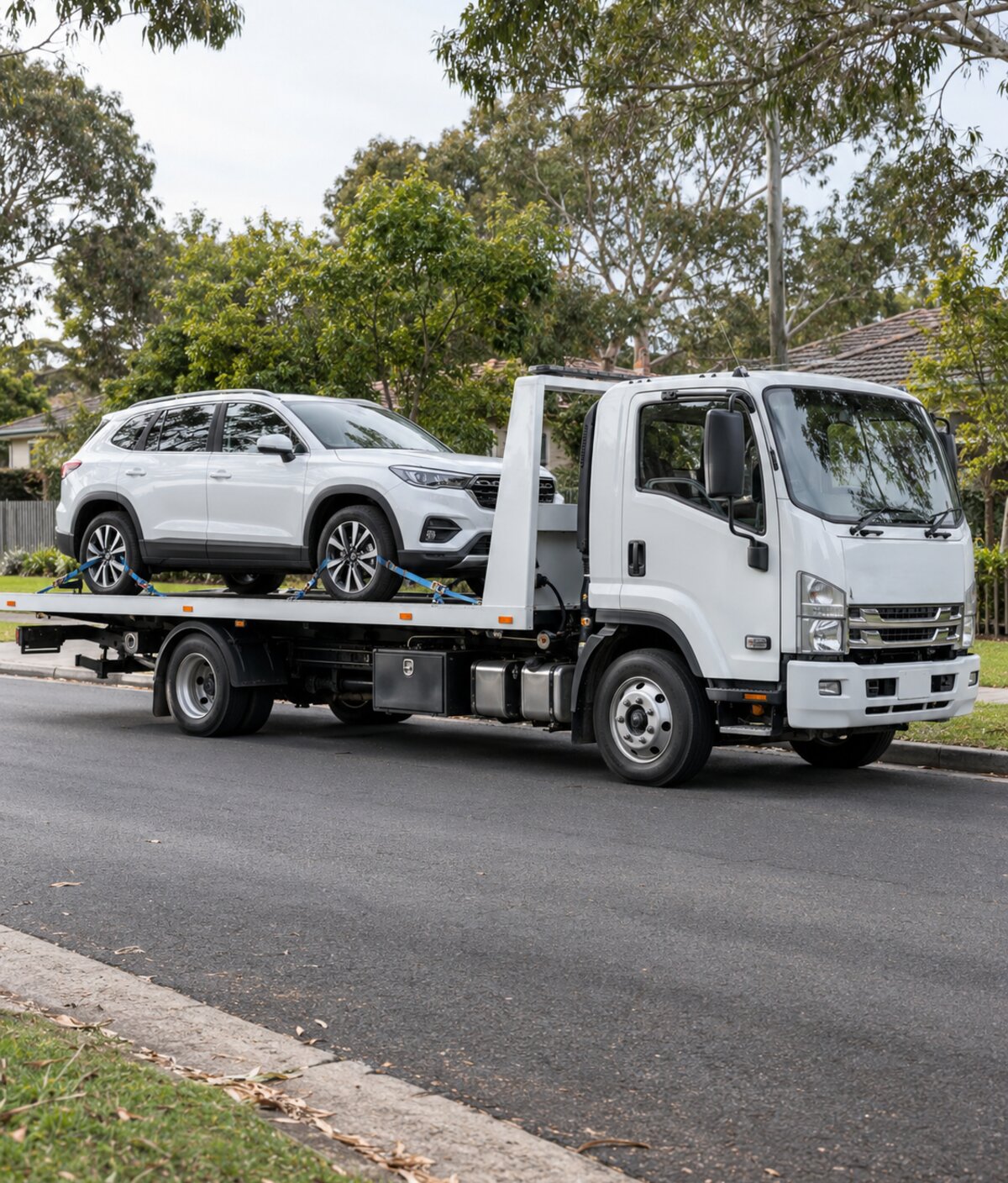 White tilt-tray tow truck carrying a white SUV on a suburban Sydney street